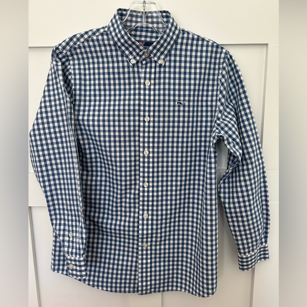 Vineyard Vines - Boys 12-14 Blue Gingham Whale Shirt. 100% Cotton Poplin.